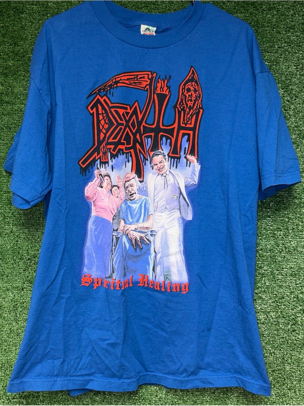 Vintage Y2K DEATH Spiritual Healing Blue Shirt XL Alstyle tag Slayer Metal